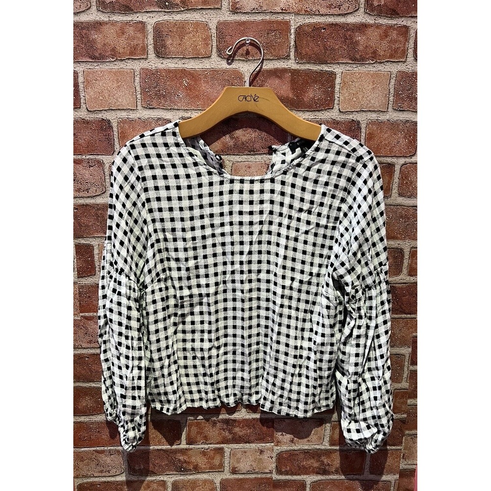 FOREVER 21 Womens Size M‎ Black&White Checkered LongSlv Cuffed Casual Blouse